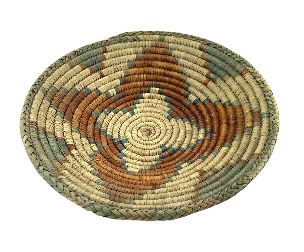 Vintage Handwoven Coiled Basket Bowl 9.5” Geometric Natural Fiber Boho Decor